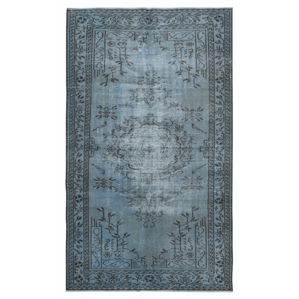 Vintage Handmade Turkish Area Rug redyed in Blue Color for modern interiors