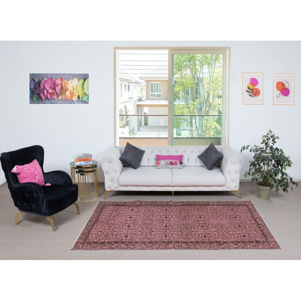 Hand-Made Floral Patterned Wool Rug from Turkey. Pink Color Re-Dyed Area Rug