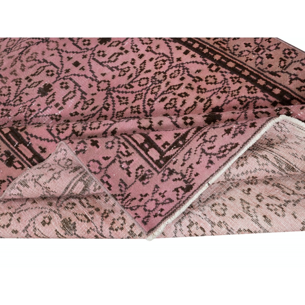 Hand-Made Floral Patterned Wool Rug from Turkey. Pink Color Re-Dyed Area Rug