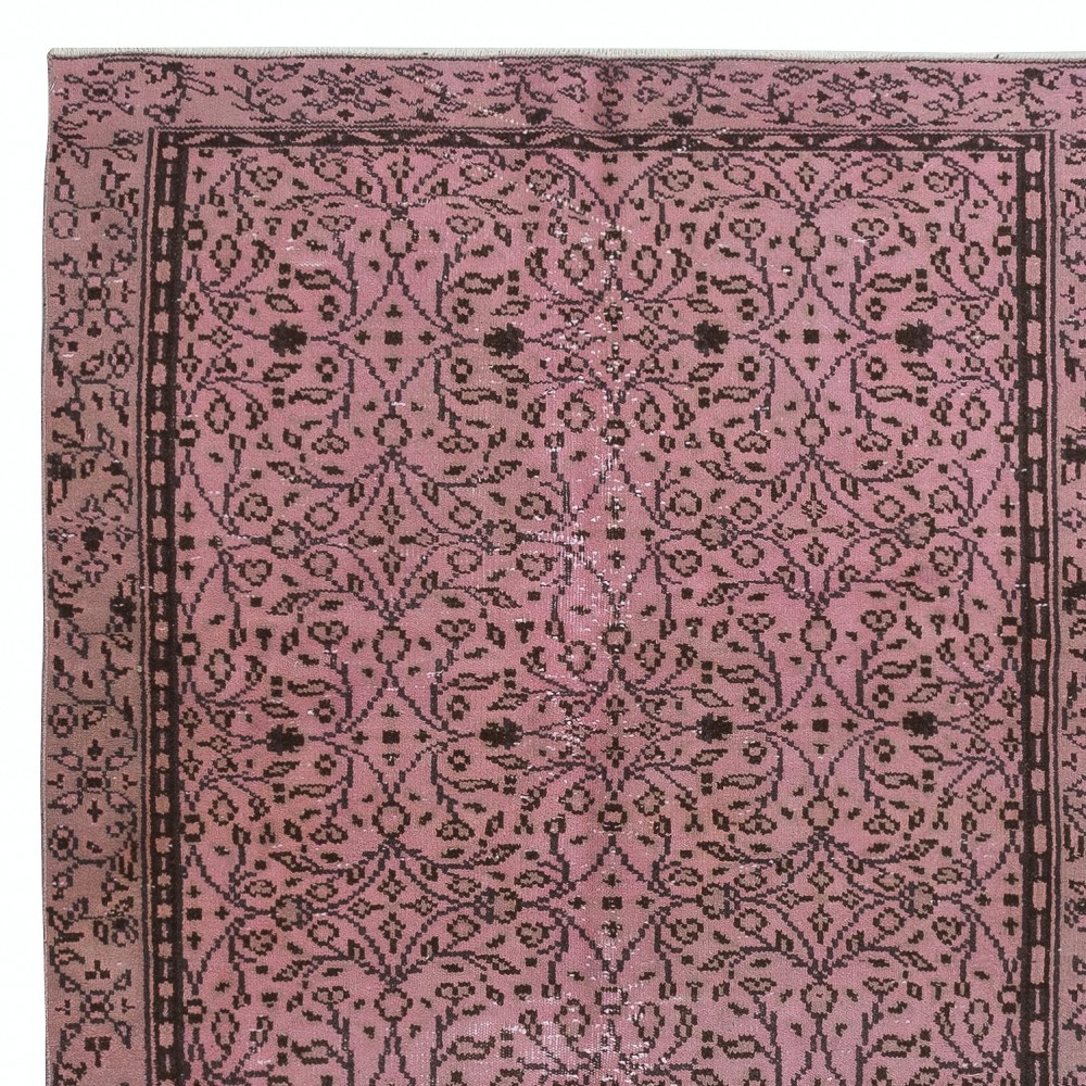 Hand-Made Floral Patterned Wool Rug from Turkey. Pink Color Re-Dyed Area Rug