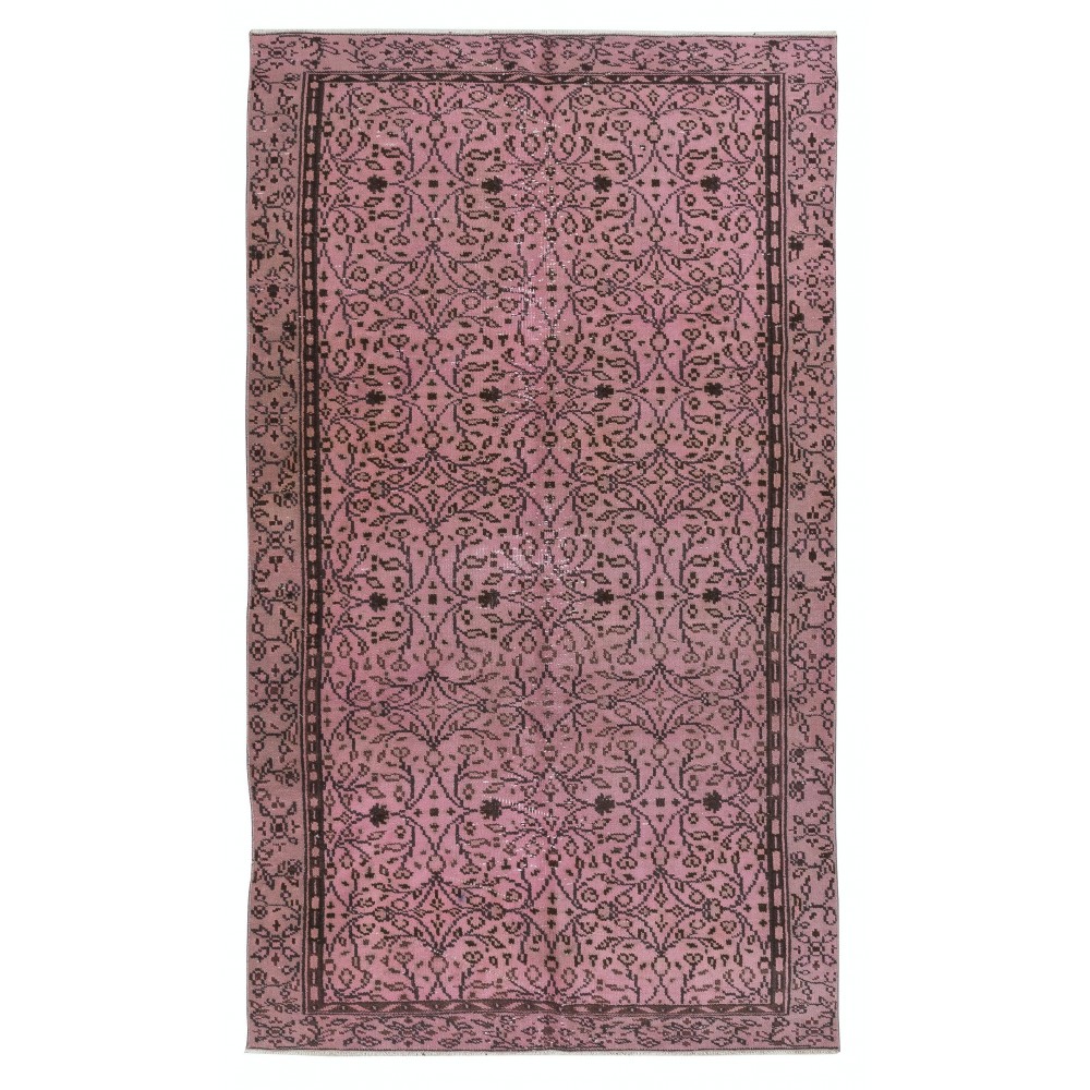 Hand-Made Floral Patterned Wool Rug from Turkey. Pink Color Re-Dyed Area Rug