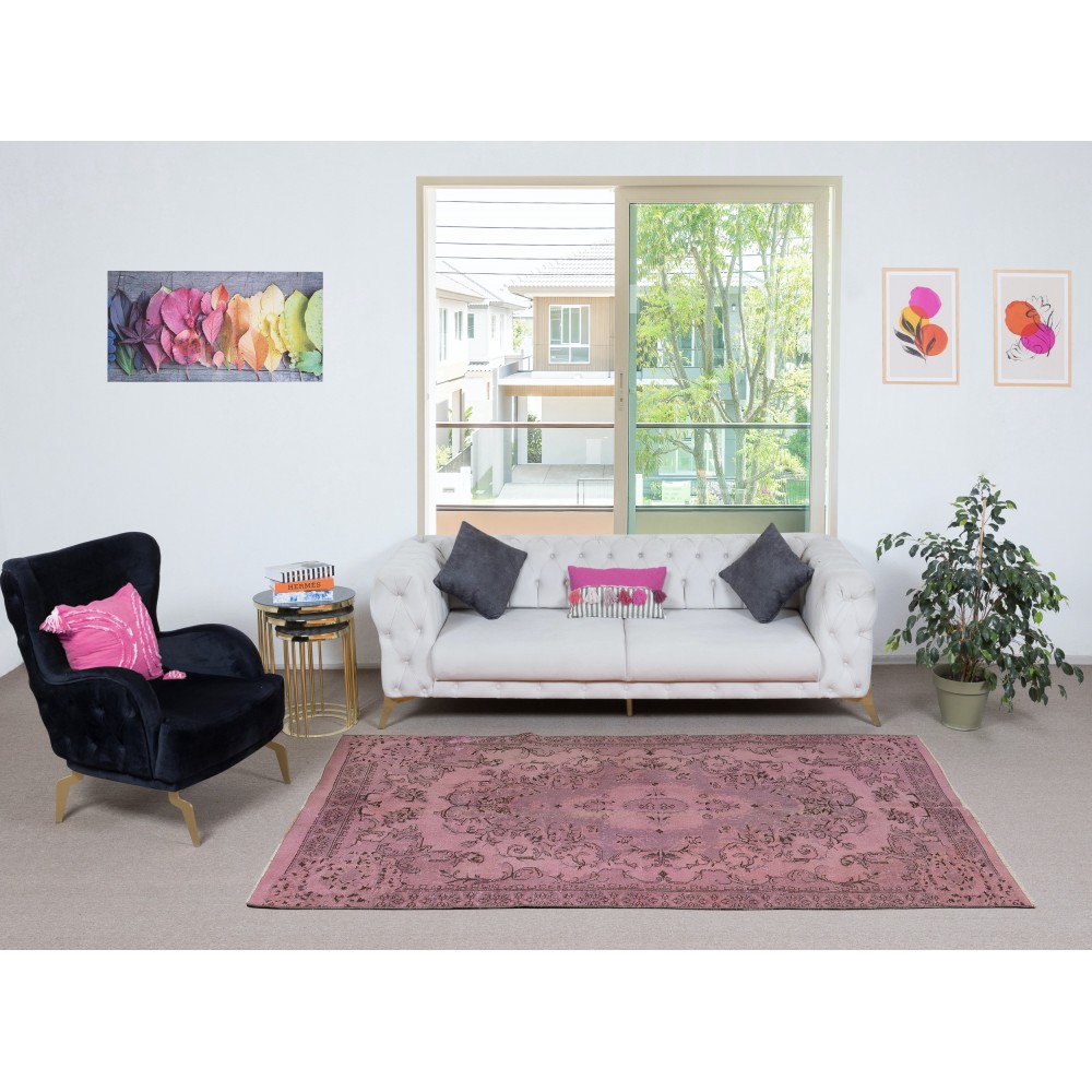Vintage Handmade Turkish Wool Area Rug redyed in Pink Color for contemporary interiors