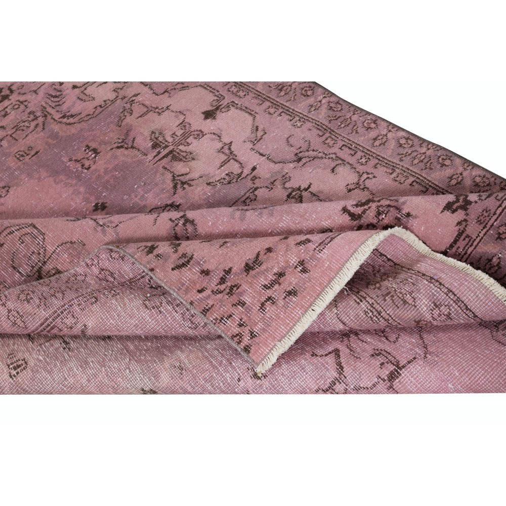 Vintage Handmade Turkish Wool Area Rug redyed in Pink Color for contemporary interiors