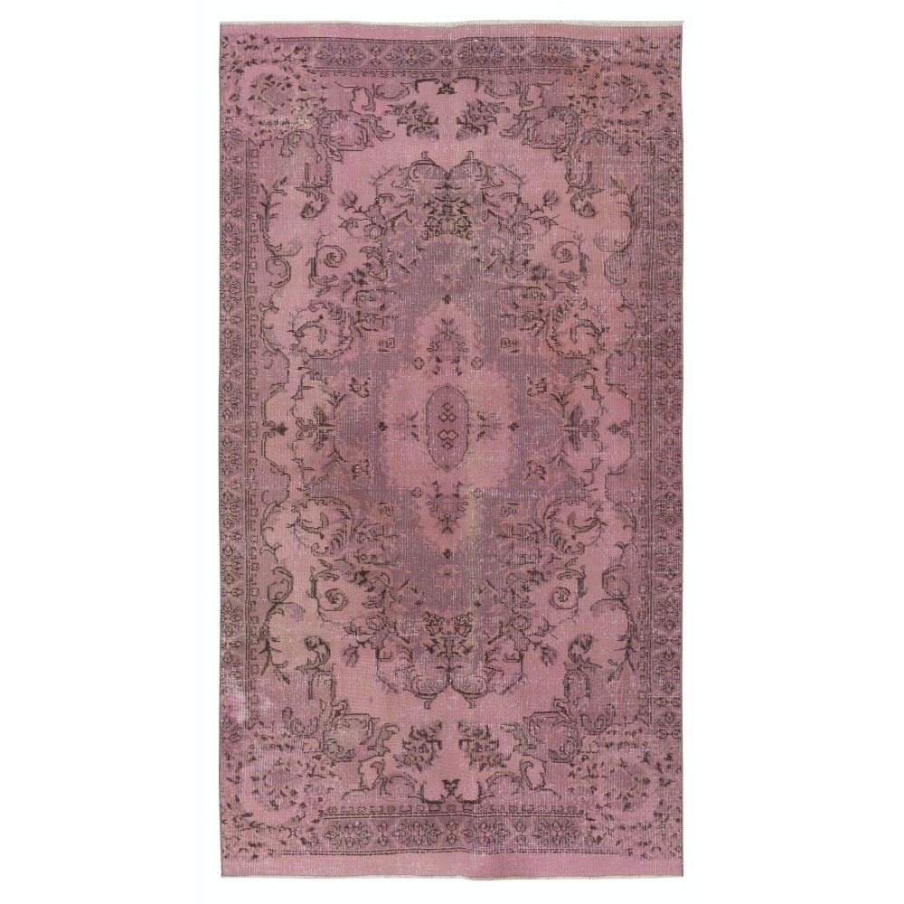 Vintage Handmade Turkish Wool Area Rug redyed in Pink Color for contemporary interiors