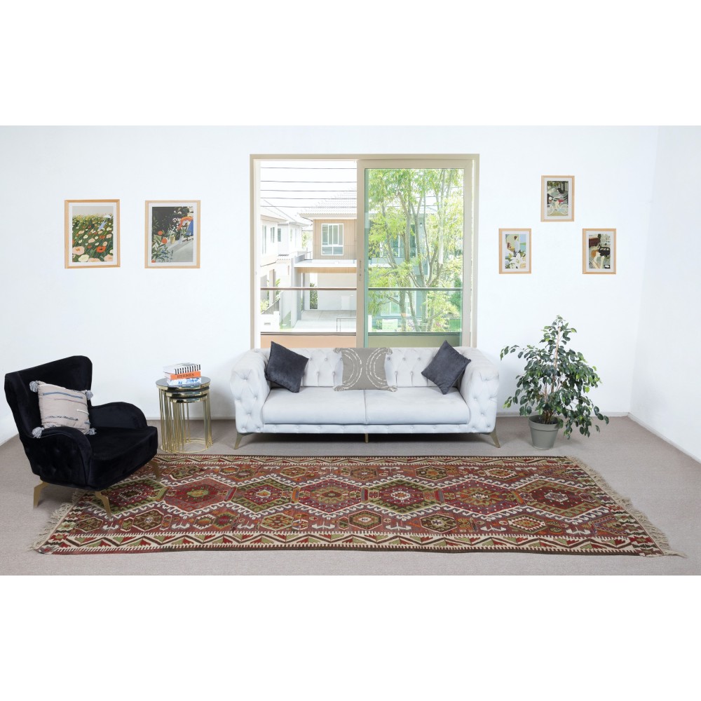 Vintage Turkish Runner Kilim Rug (Flat Weave) with Geometric Patterns. 100% Wool