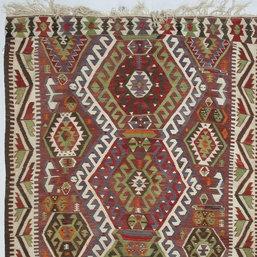 Vintage Turkish Runner Kilim Rug (Flat Weave) with Geometric Patterns. 100% Wool
