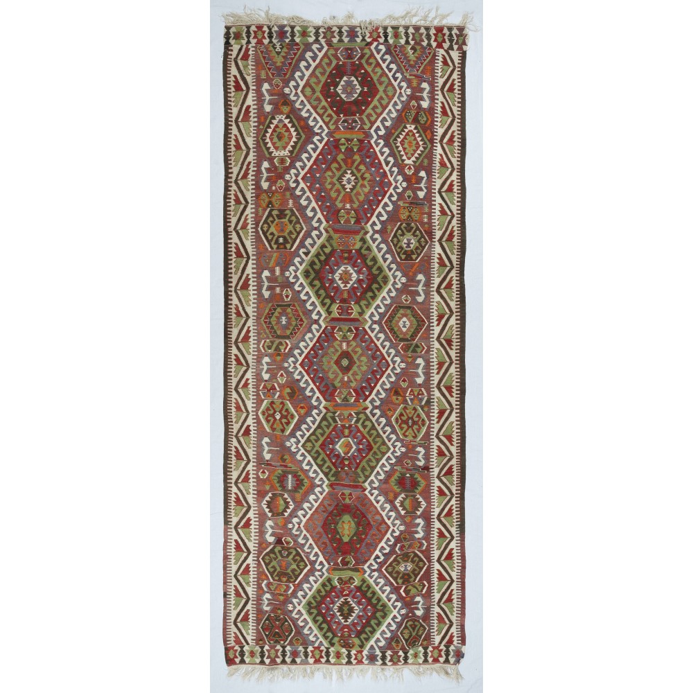 Vintage Turkish Runner Kilim Rug (Flat Weave) with Geometric Patterns. 100% Wool