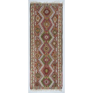 Vintage Turkish Runner Kilim Rug (Flat Weave) with Geometric Patterns. 100% Wool