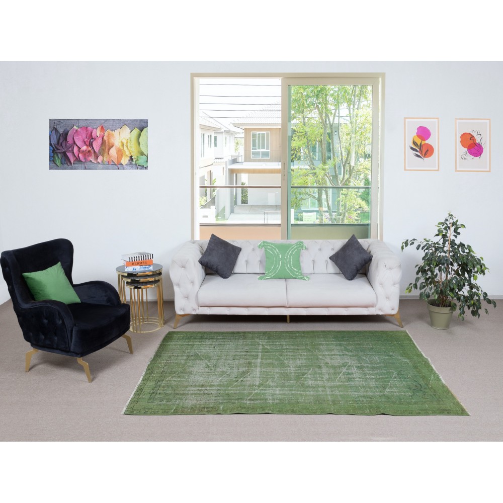 Modern Handmade Wool Area Rug Overdyed in Green, Distressed Turkish Rug