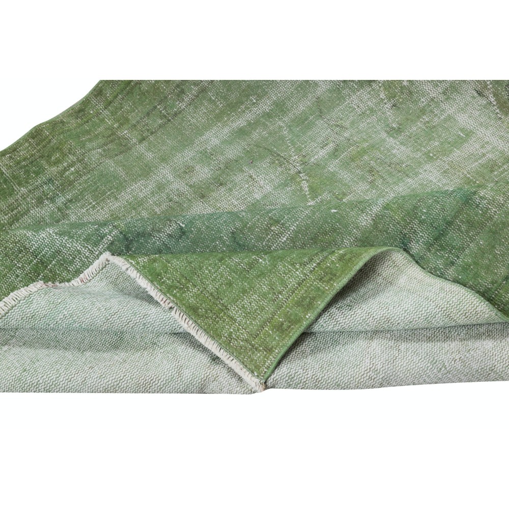 Modern Handmade Wool Area Rug Overdyed in Green, Distressed Turkish Rug