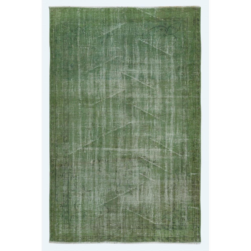 Modern Handmade Wool Area Rug Overdyed in Green, Distressed Turkish Rug