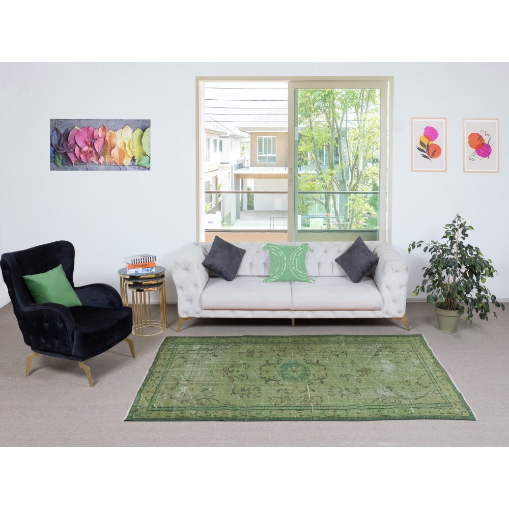 Art Deco Chinese Inspired Handmade Turkish Area Rug Over-Dyed in Green