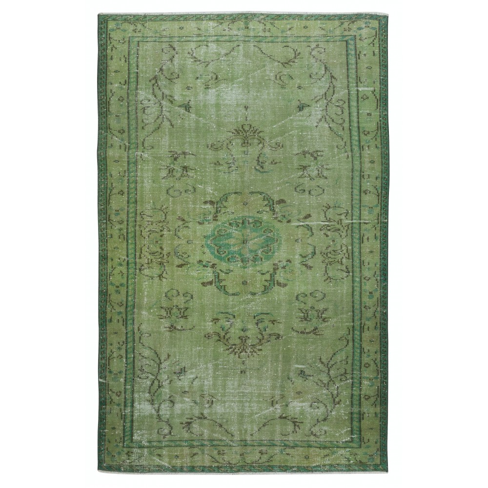 Art Deco Chinese Inspired Handmade Turkish Area Rug Over-Dyed in Green