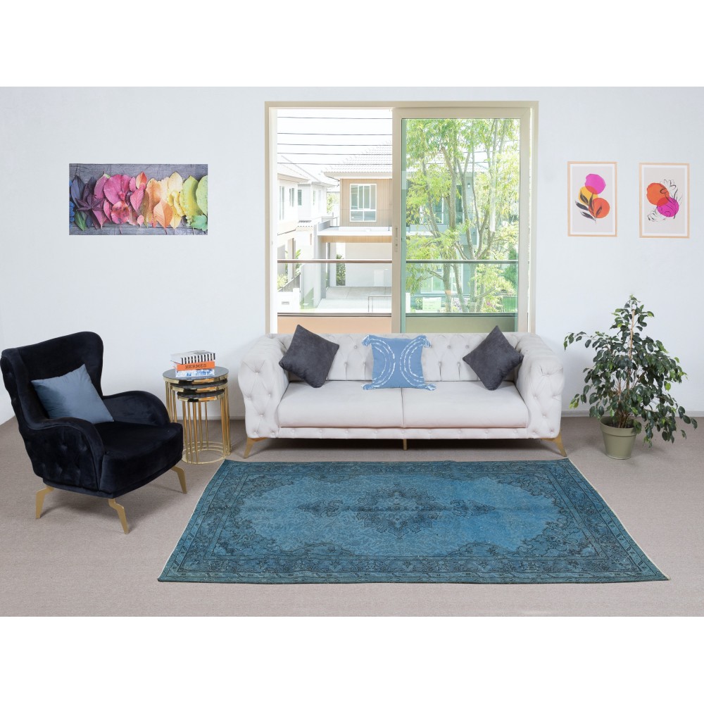 Shabby Chic Handmade Blue Color Turkish Wool Area Rug with Medallion Design