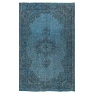 Vintage Handmade Blue Color Turkish Wool Area Rug with Medallion Design