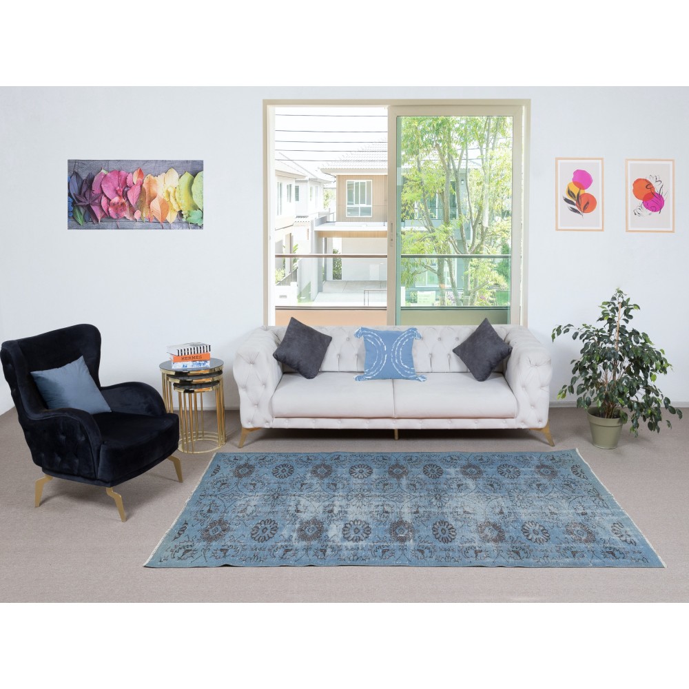 Floral Patterned Blue Area Rug for Modern Interiors, Handmade in Turkey
