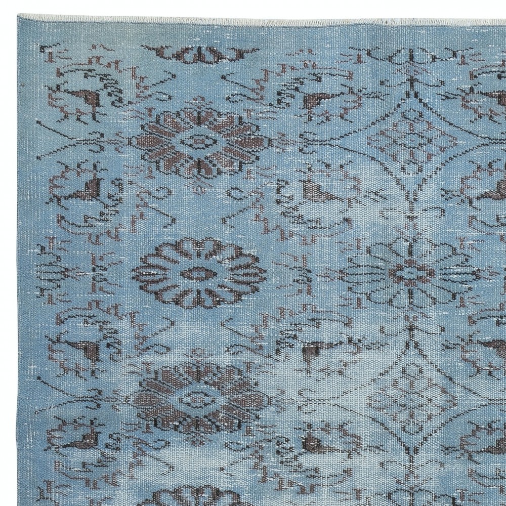 Floral Patterned Blue Area Rug for Modern Interiors, Handmade in Turkey