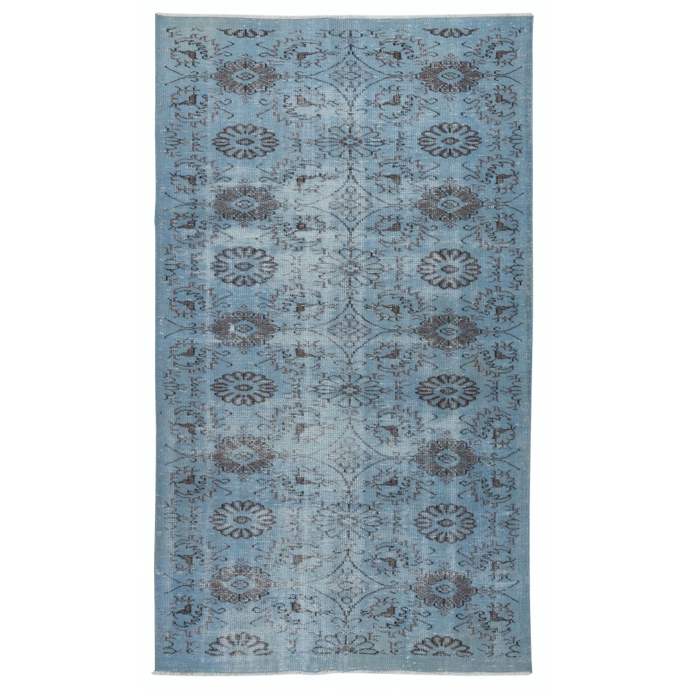 Floral Patterned Blue Area Rug for Modern Interiors, Handmade in Turkey
