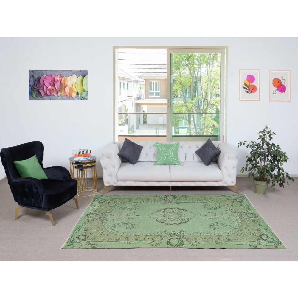 Green Color Wool Area Rug for Modern Interiors, Handmade in Turkey