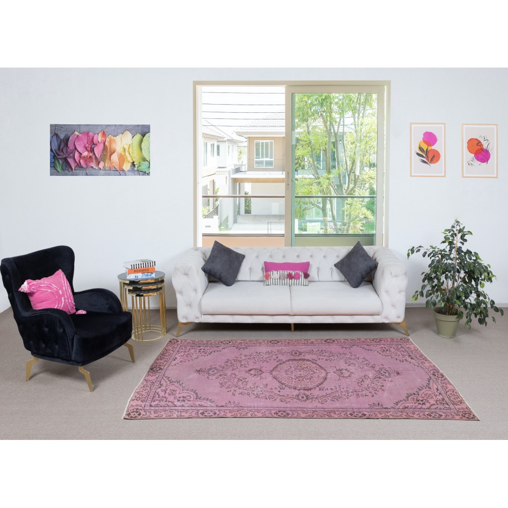 Modern Pink Color Over-Dyed Rug. Handmade Turkish Floor Rug. Bohemian Home Decor