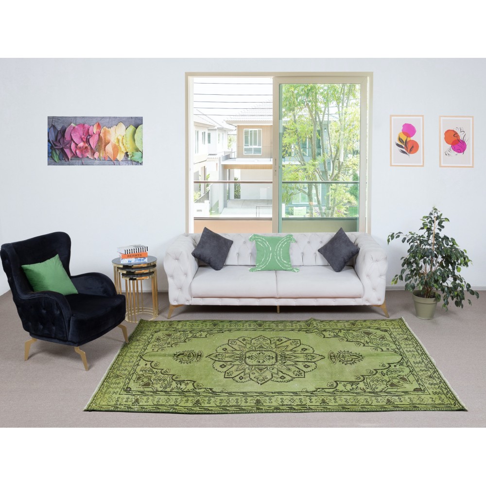 Handmade Green Color Turkish Wool Area Rug for Modern Interiors