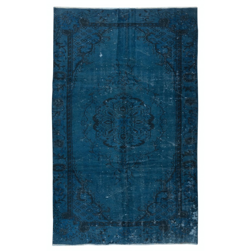 Art Deco Chinese Inspired Handmade Turkish Wool Area Rug in Dark Blue Color