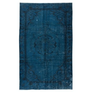 Art Deco Chinese Inspired Handmade Turkish Wool Area Rug in Dark Blue Color