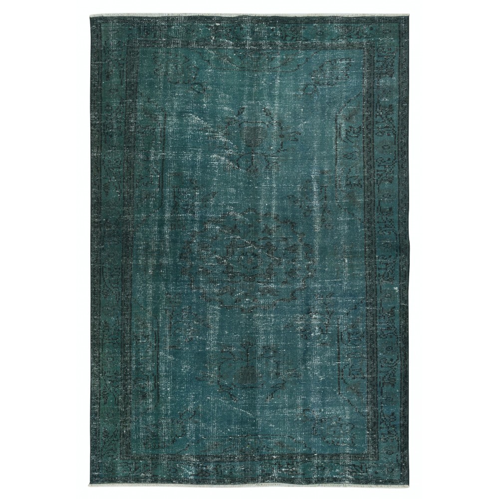 Modern Turkish Floor Rug in Dark Green Color. Hand Knotted Area Rug for Living Room