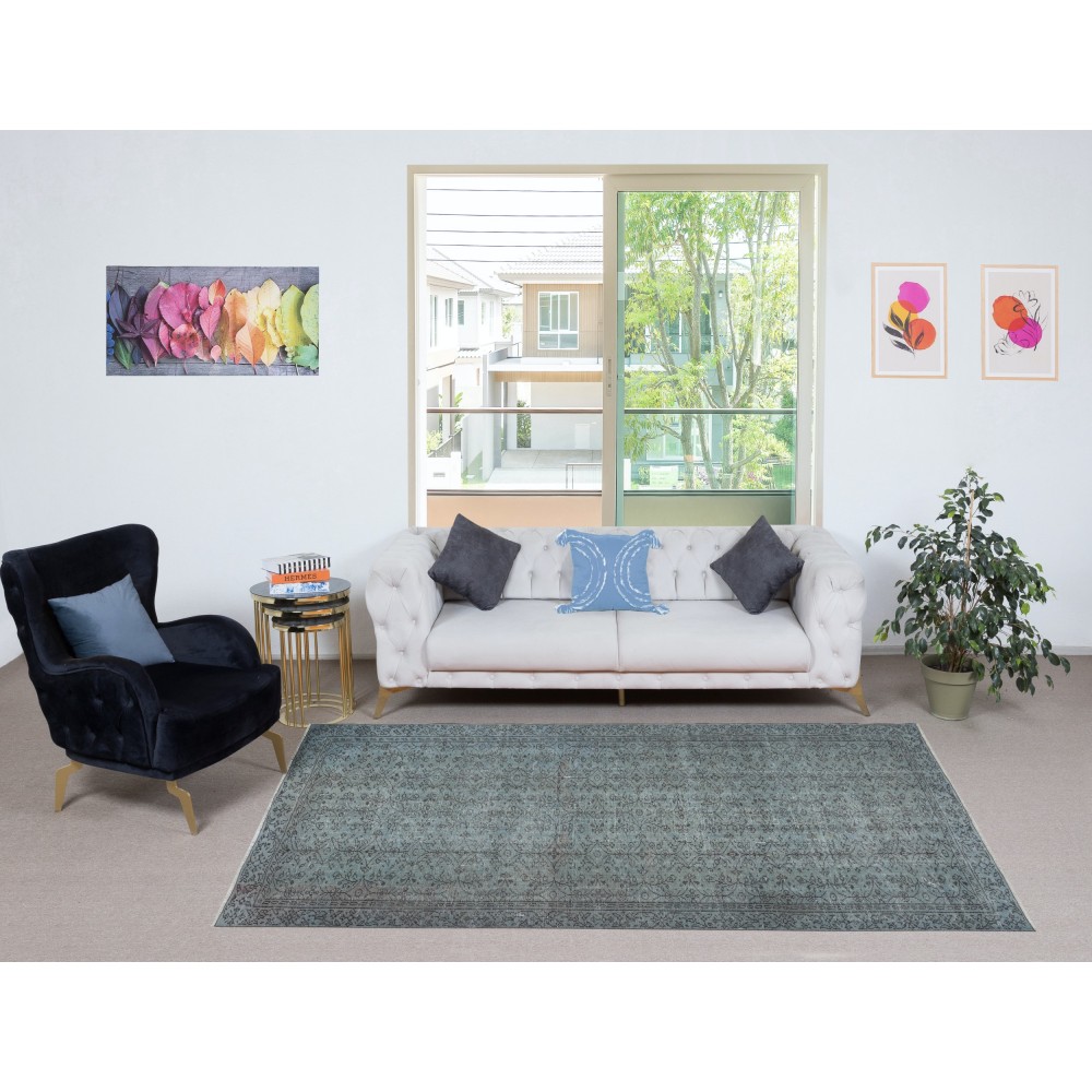 Modern Blue Color Handmade Turkish Wool Area Rug with Flower Design