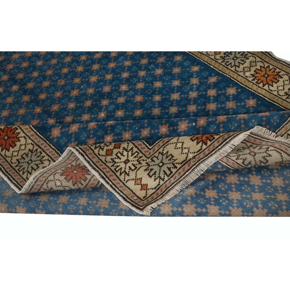 Vintage Handmade Floral Patterned Blue Turkish Area Rug. 100% Wool