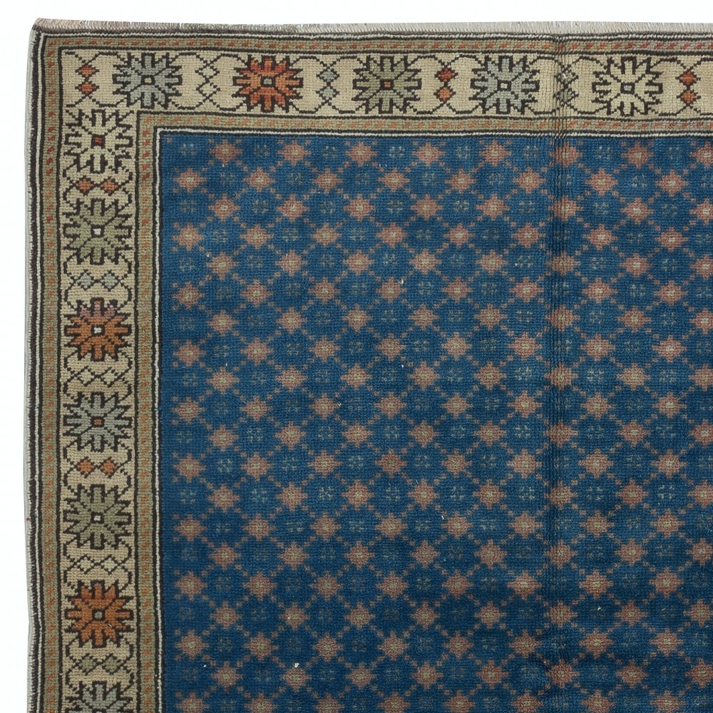 Vintage Handmade Floral Patterned Blue Turkish Area Rug. 100% Wool
