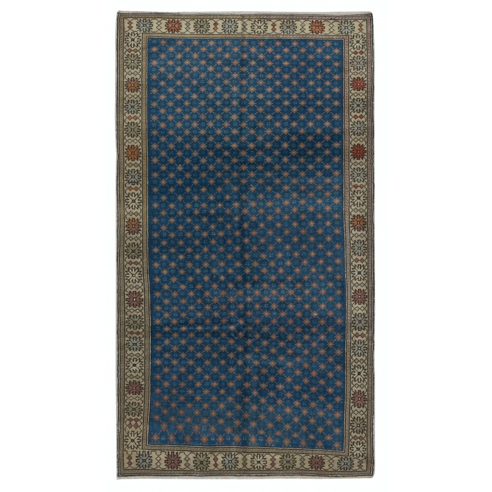 Vintage Handmade Floral Patterned Blue Turkish Area Rug. 100% Wool