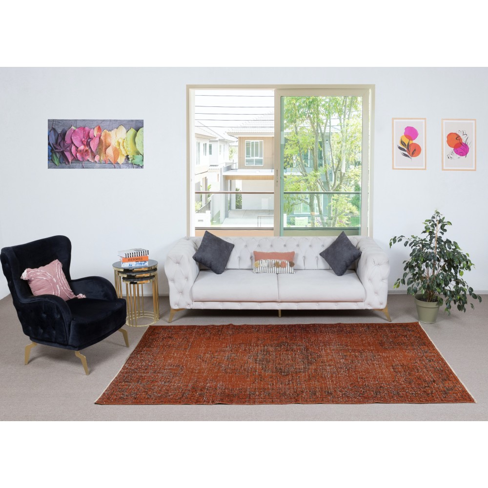 Handmade Anti-bacterial Wool Area Rug. Orange Color Hand Knotted Turkish Rug