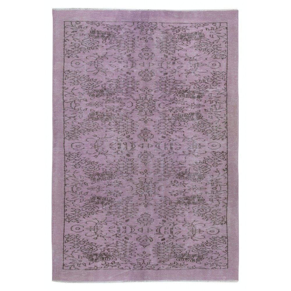 Hand-Made Purple Color Area Rug with Flower Design, Redyed Bohem Carpet for Living Room