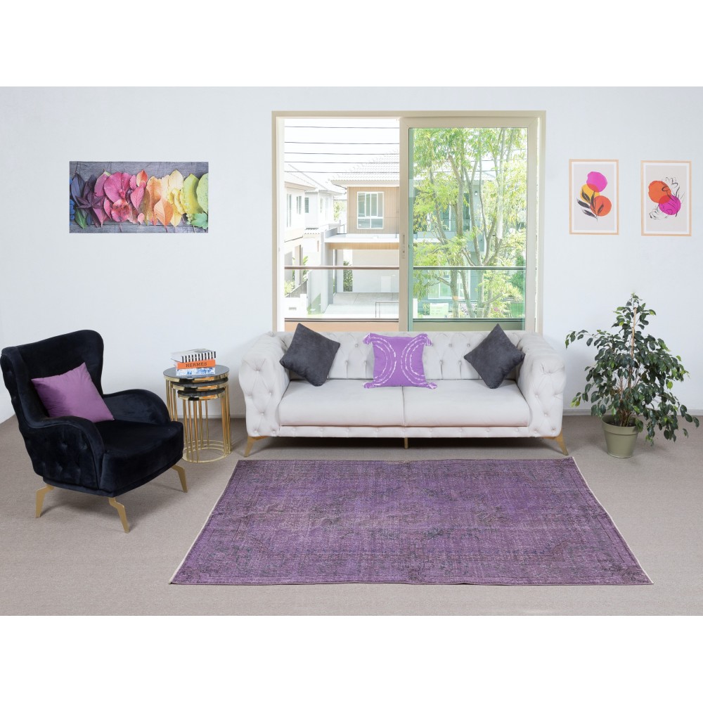 Handmade Purple Color Re-Dyed Hand Knotted Turkish Rug, Low Pile Floor Covering