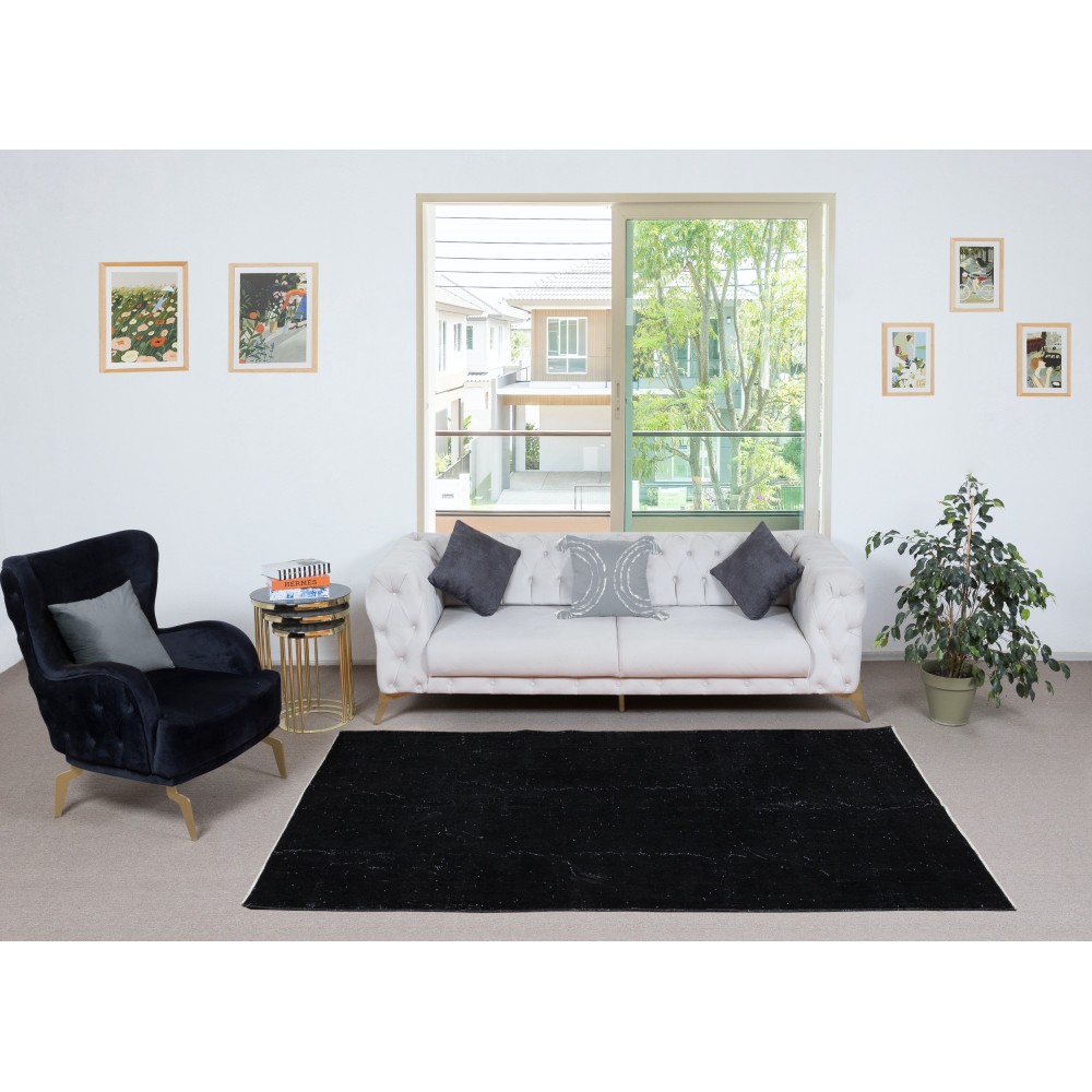 Plain Black Color Over-Dyed Area Rug, Handknotted and Handwoven in Turkey