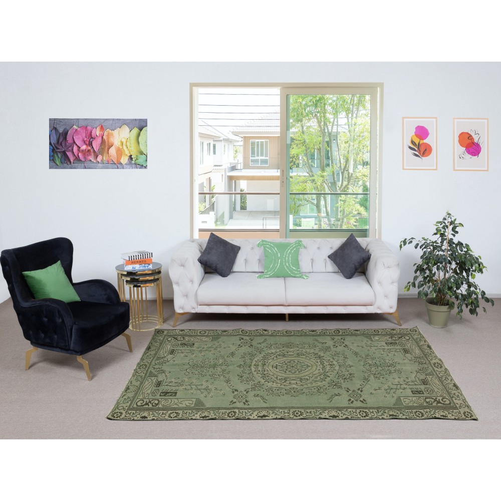 Contemporary Handmade Turkish Wool Area Rug in Green