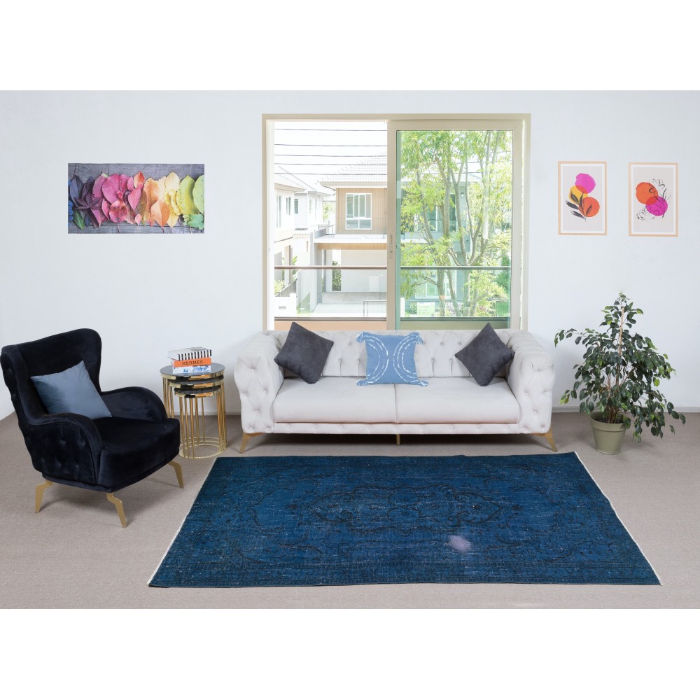 Contemporary Handmade Turkish Area Rug Over-Dyed in Blue. Shabby Chic Style Floor Covering