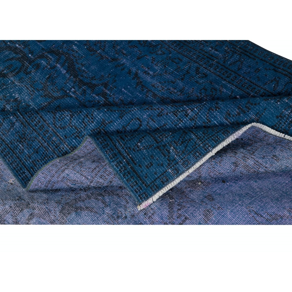 Contemporary Handmade Turkish Area Rug Over-Dyed in Blue. Shabby Chic Style Floor Covering