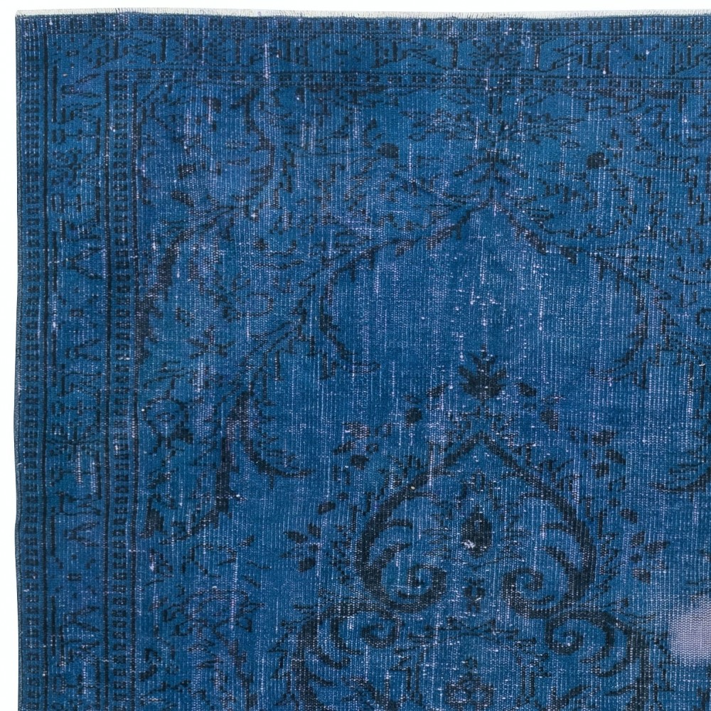 Contemporary Handmade Turkish Area Rug Over-Dyed in Blue. Shabby Chic Style Floor Covering