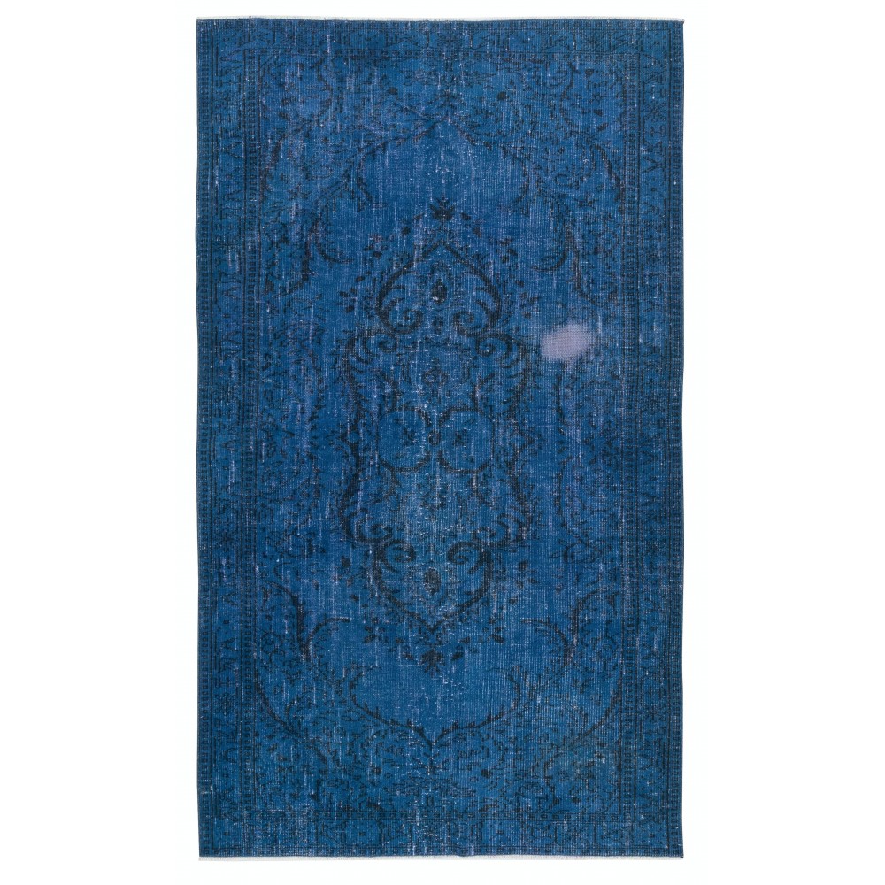 Contemporary Handmade Turkish Area Rug Over-Dyed in Blue. Shabby Chic Style Floor Covering