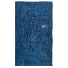 Contemporary Handmade Turkish Area Rug Over-Dyed in Blue. Shabby Chic Style Floor Covering