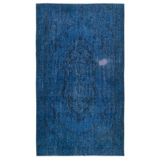 Contemporary Handmade Turkish Area Rug Over-Dyed in Blue. Shabby Chic Style Floor Covering
