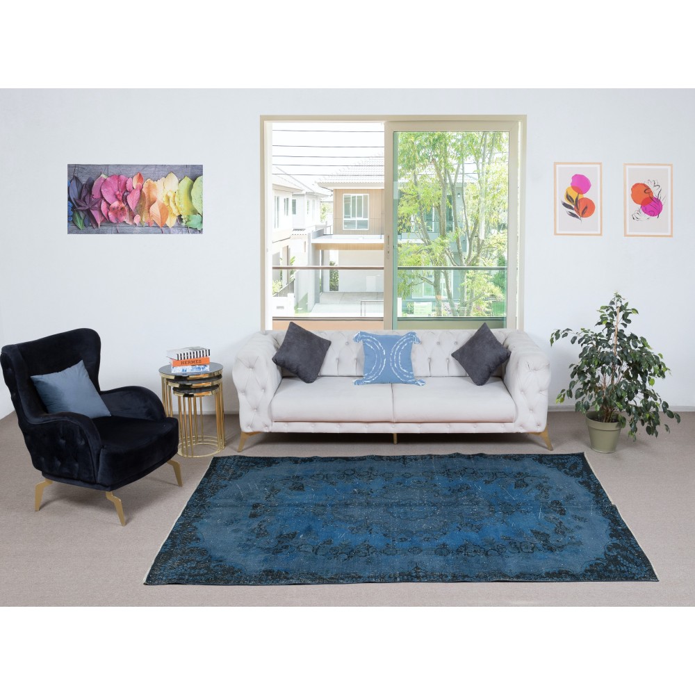 Vintage Handmade Turkish Area Rug dyed in Blue 4 Modern Interiors