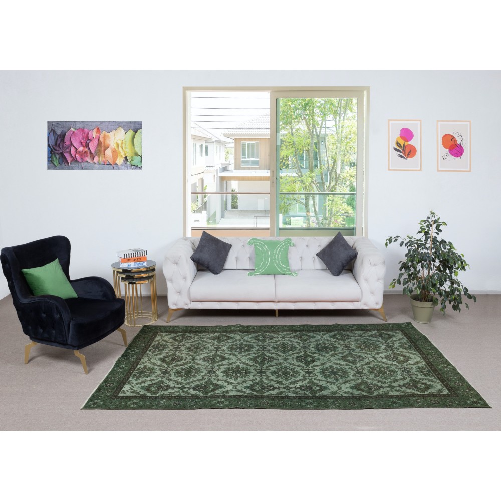 Contemporary Handmade Floral Patterned Turkish Wool Area Rug in Green Color