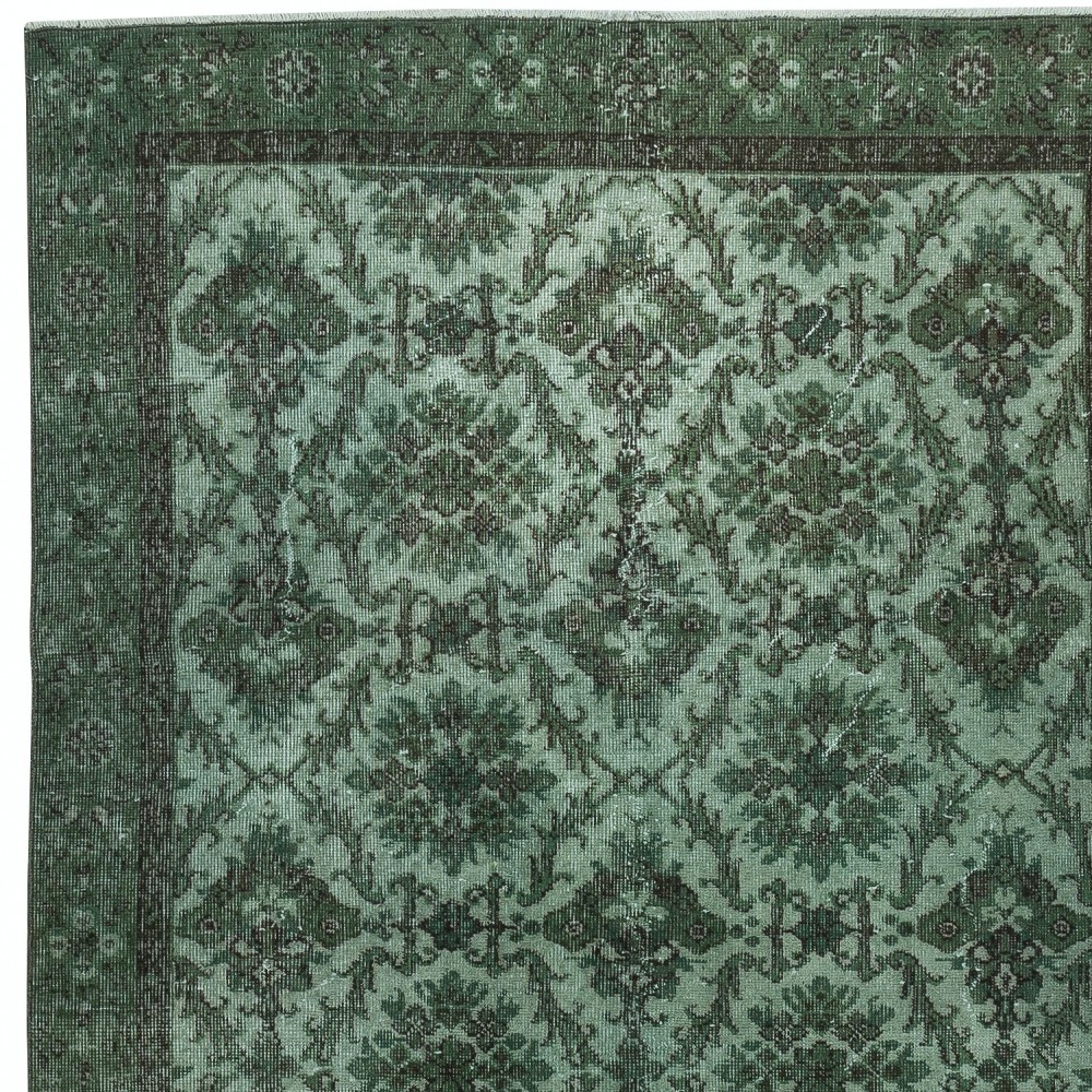 Contemporary Handmade Floral Patterned Turkish Wool Area Rug in Green Color