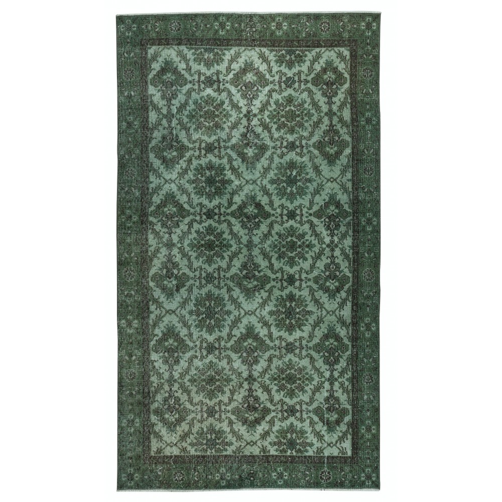 Contemporary Handmade Floral Patterned Turkish Wool Area Rug in Green Color