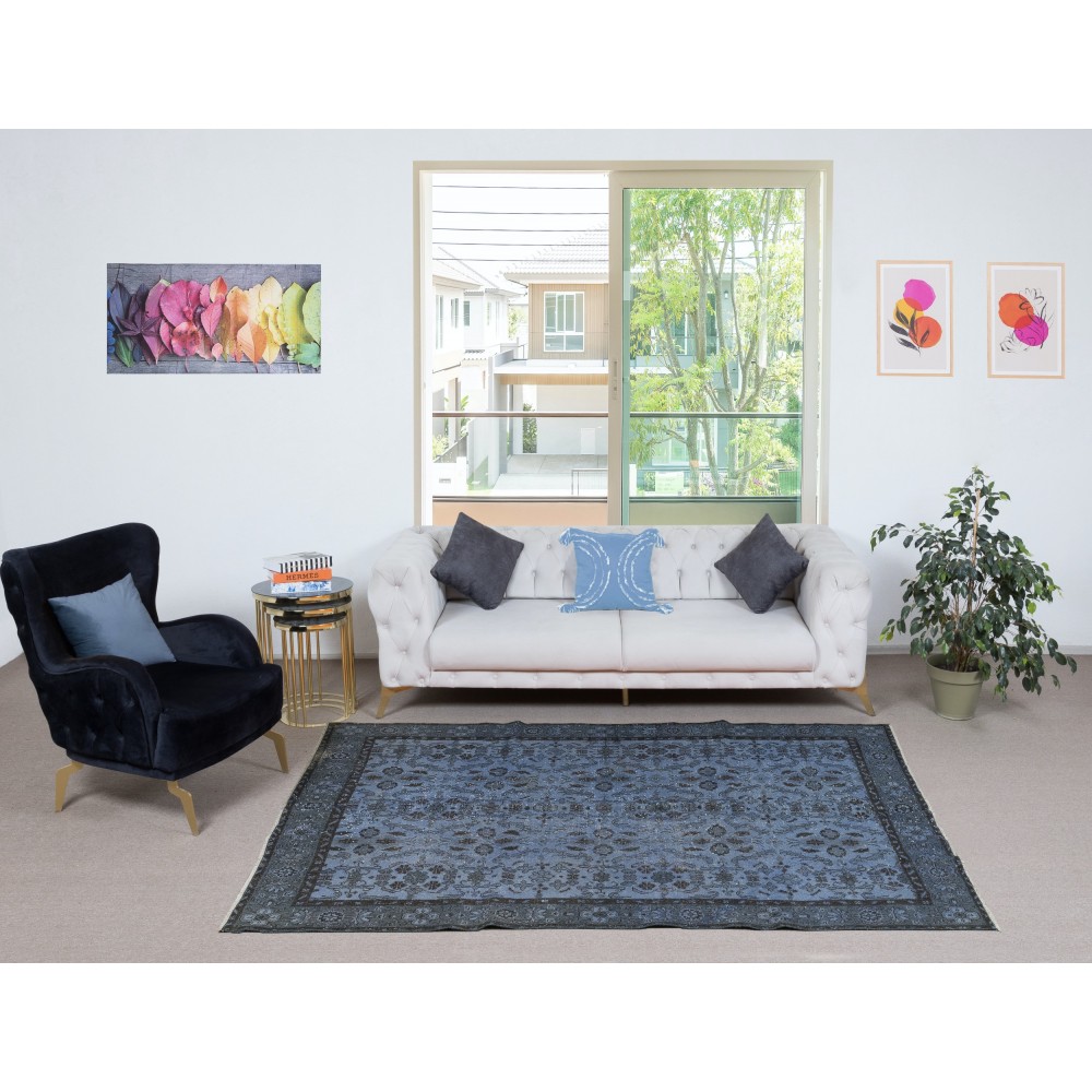 Contemporary Handmade Blue Color Turkish Area Rug with Floral Design