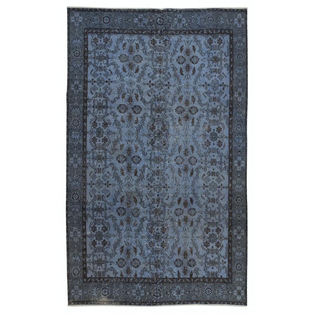 Contemporary Handmade Blue Color Turkish Area Rug with Floral Design
