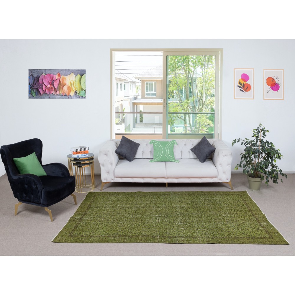 Modern Handmade Floral Patterned Turkish Wool Area Rug in Green Color